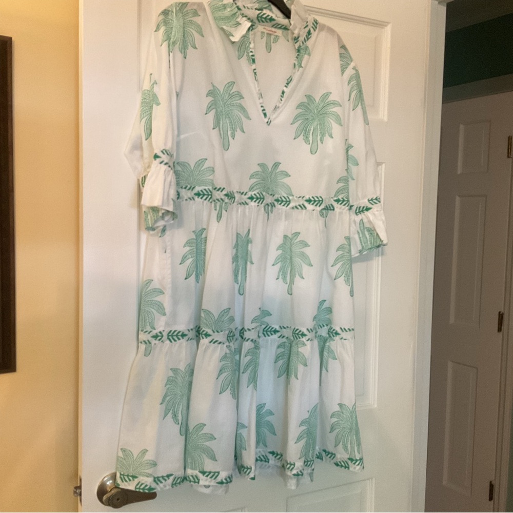 White Dress with Mint Green Palm Print
